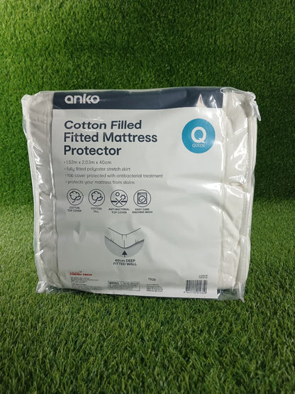 Anko Australian Brand Luxury 100% Cotton Filled Quilted Mattress Protector - Premium Fitted Mattress Cover (Queen Size)